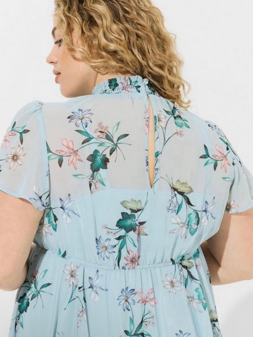 Torrid Blue Floral Chiffon Spring Dress Smocked Neck Flutter Sleeve Size 3 / 3X - Picture 2 of 16